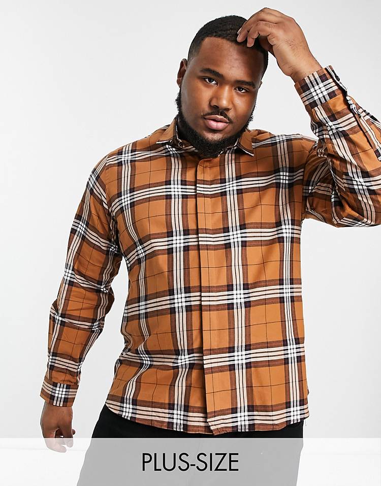 Twisted Tailor PLUS long sleeve flannel shirt in brown check